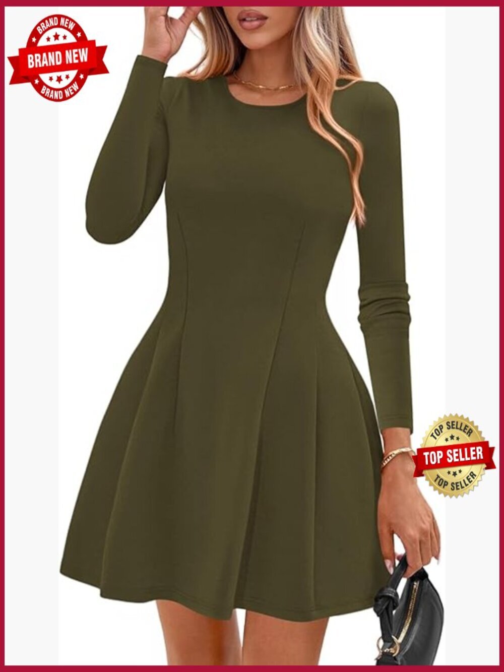 Long Sleeve Mini Dress Crewneck Knit Pleated Babydoll A Line Casual Party Dress